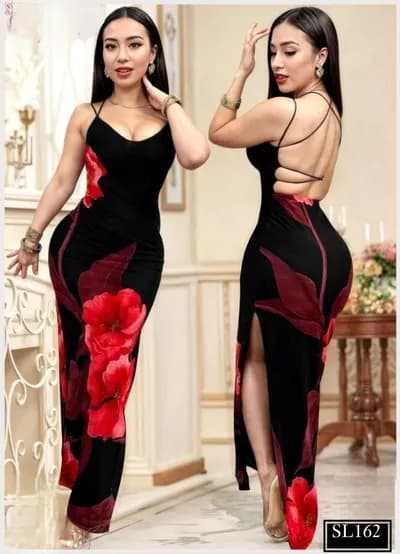 Feminine Floral Black Dress - 162