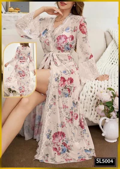 Floral Tulle Long Robe - 5004