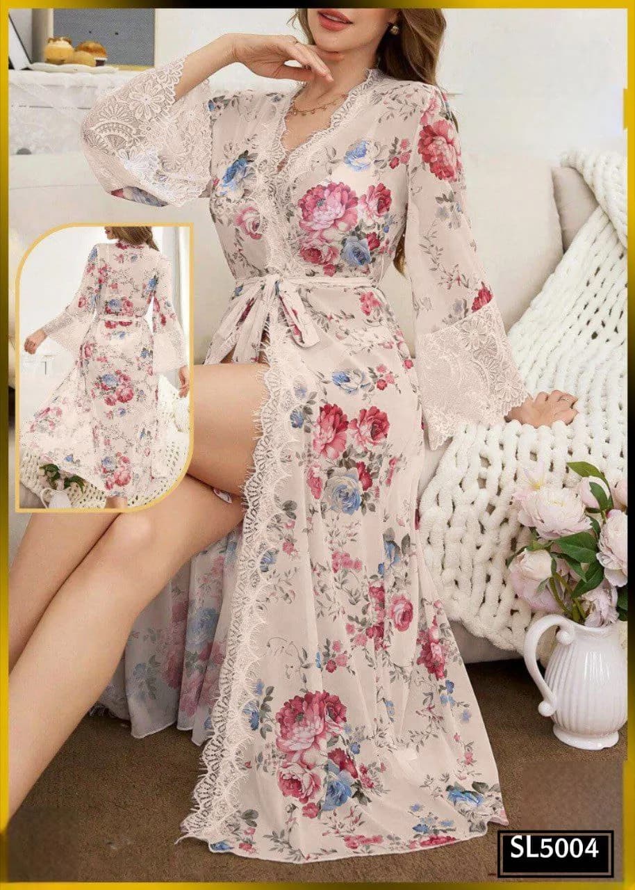 Floral Tulle Long Robe - 5004
